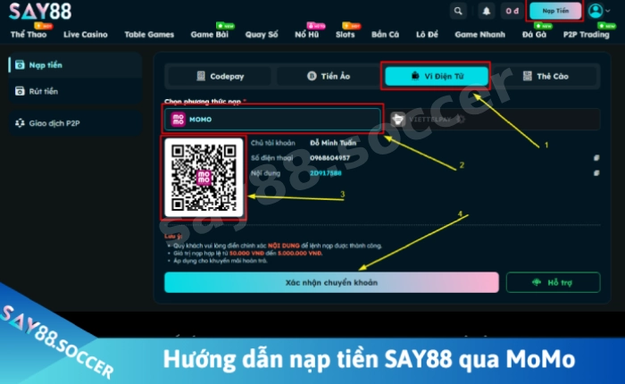 Hướng dẫn nạp tiền SAY88 với nhiều hình thức an toàn cho người mới 3 Nạp tiền say88 qua momo