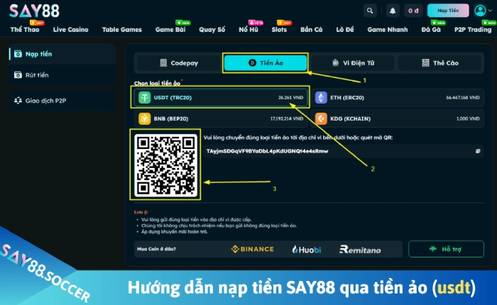 Hướng dẫn nạp tiền SAY88 với nhiều hình thức an toàn cho người mới 4 Nạp tiền say88 qua tiền ảo USDT